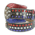 Rhinestone Red And Blue Belt With Black Strap and Skull Buckles