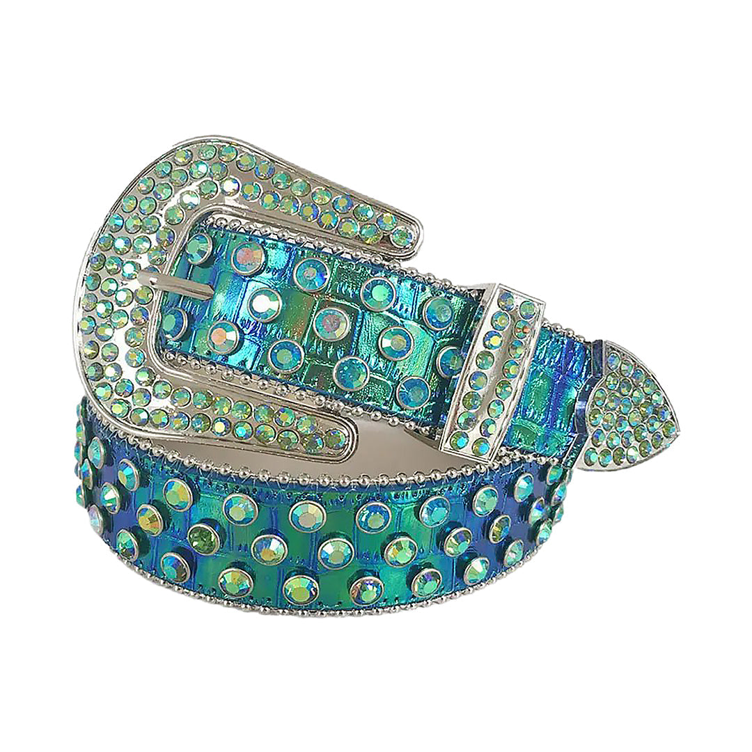 Rhinestone Green Chromatic Multi Color Belt With Green Chromatic Strap