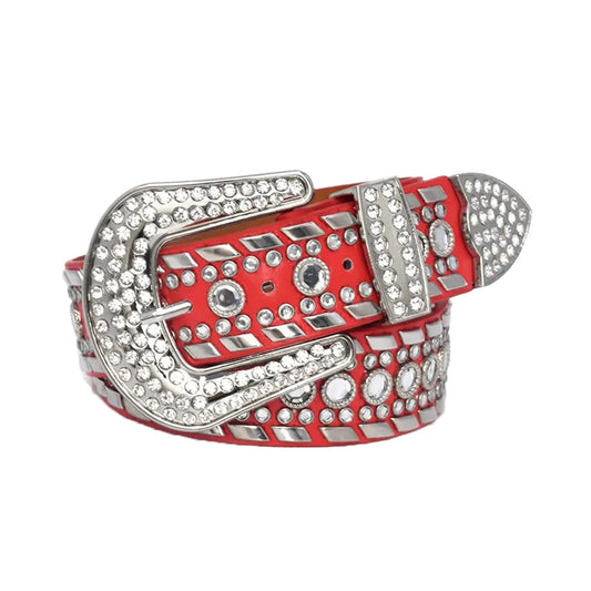 Rhinestone Diamond and Silver Studs Belt With Red Strap