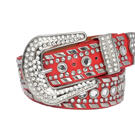 Rhinestone Diamond and Silver Studs Belt With Red Strap