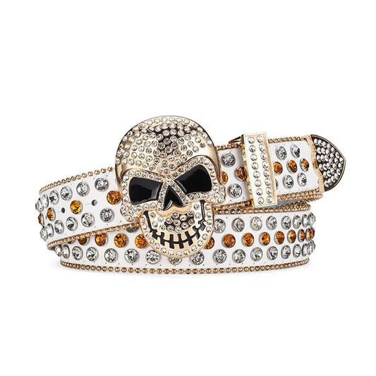 Rhinestone Skull Buckle White Strap With Crystal & Gold Studded Belt