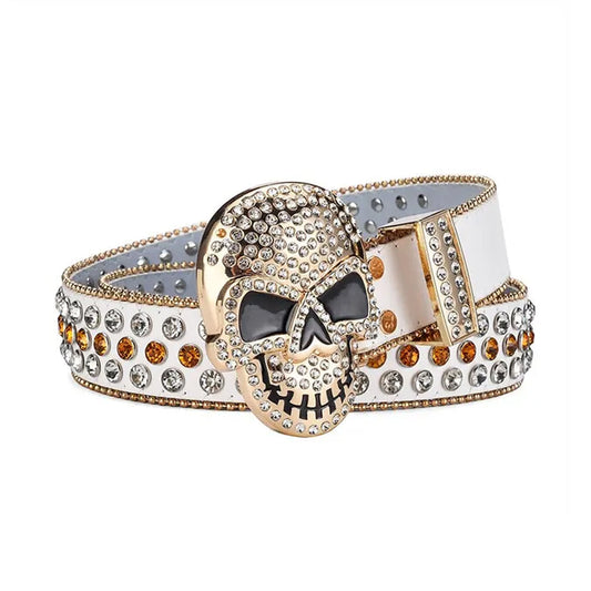 Rhinestone Skull Buckle White Strap With Crystal & Gold Studded Belt