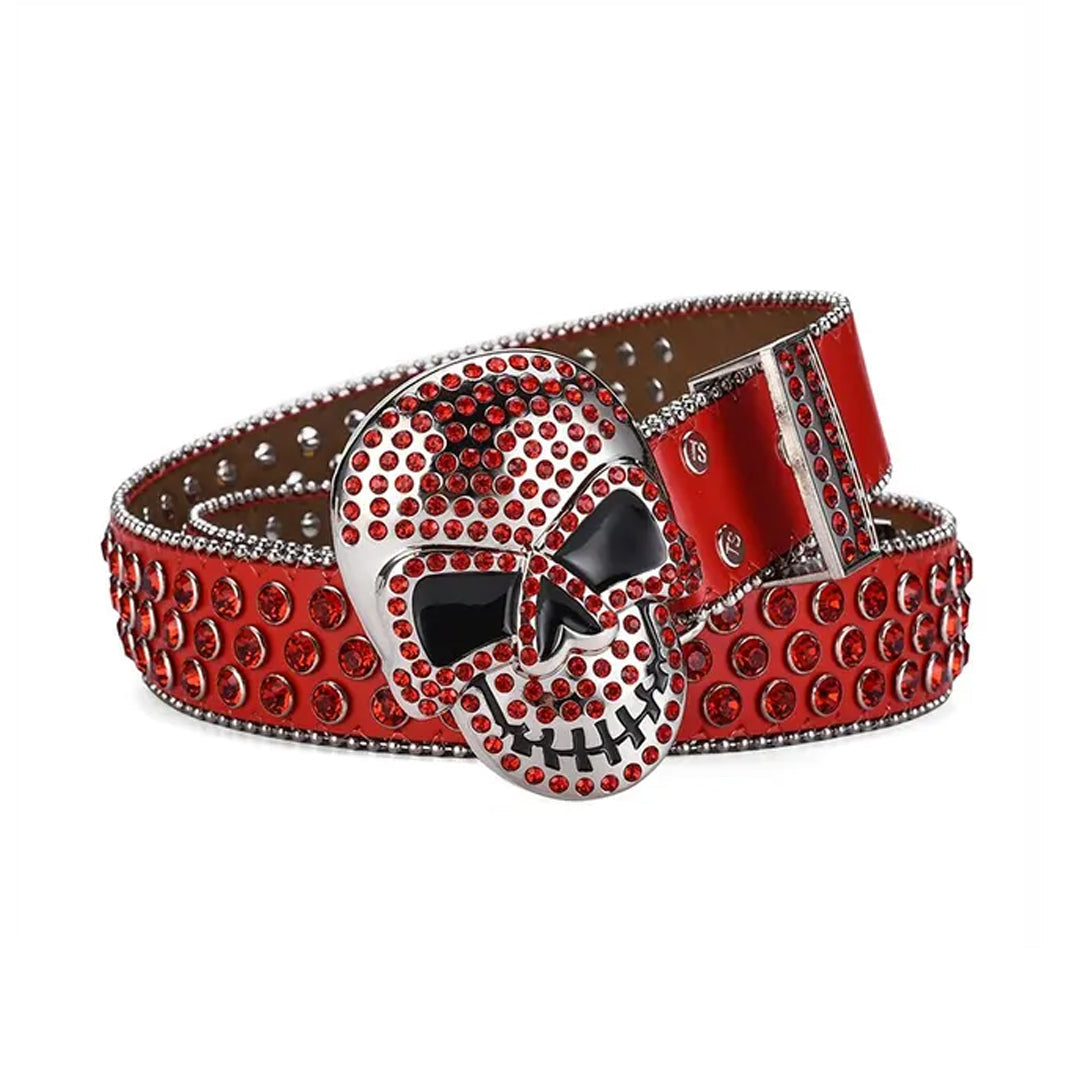 Rhinestone Skull Buckle Red Strap With Red Studded Belt