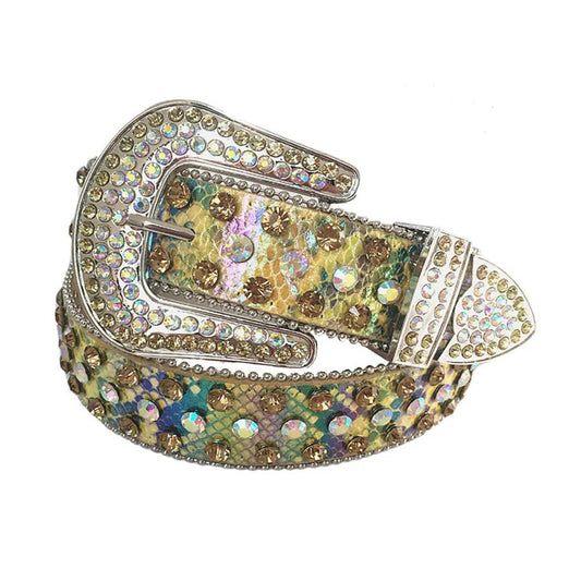 Rhinestone Multi Chromatic Belt With Snake Texture Shiny Strap