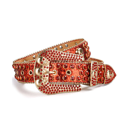 Rhinestone Skull Buckle Shiny Red Strap With Red Studded Belt