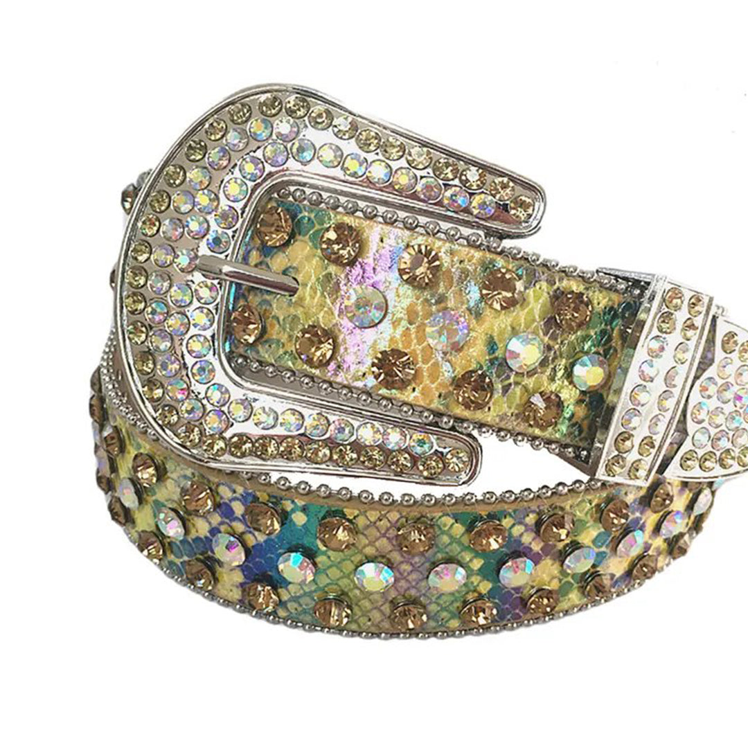 Rhinestone Multi Chromatic Belt With Snake Texture Shiny Strap