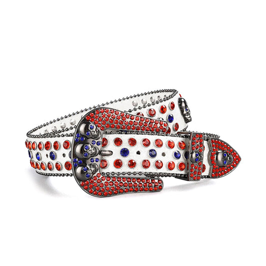 Rhinestone Skull Buckle White Strap With Red & Blue Studded Belt