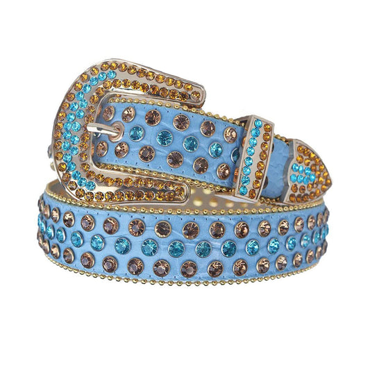 Rhinestone Blue and Gold Belt With Blue Textured Strap