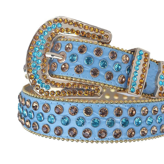 Rhinestone Blue and Gold Belt With Blue Textured Strap