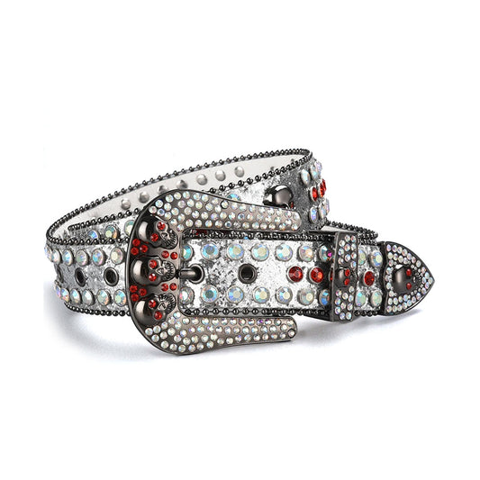 Rhinestone Skull Buckle Shiny Silver Strap With Multi & Red Studded Belt