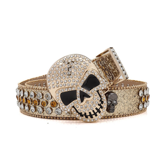 Rhinestone Skull Buckle Shiny Gold Strap With Gold & Crystal Studded Belt
