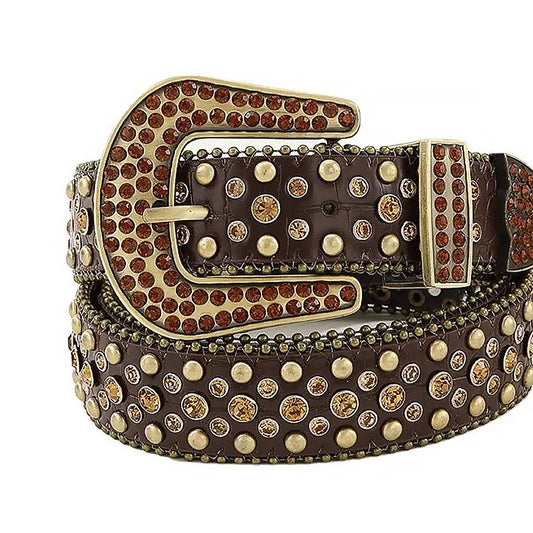 Rhinestone Brown With Gold Studs Belt With Brown Texture Strap