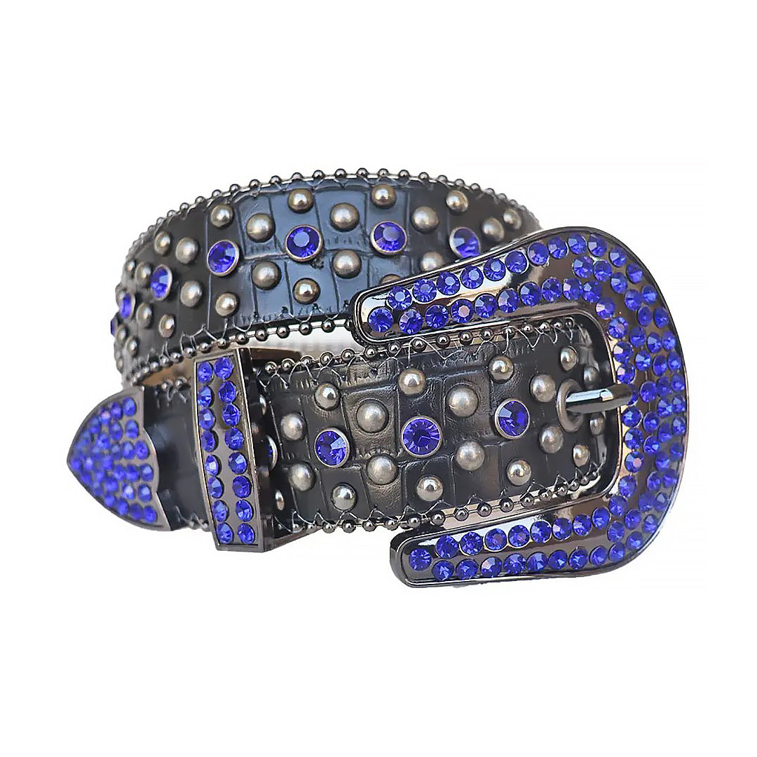 Rhinestone Blue With Silver Studs Belt With Black Texture Strap