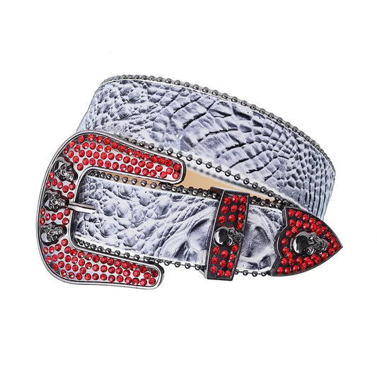 Rhinestone Red Belt With Grey Textured Strap and Skull Buckles