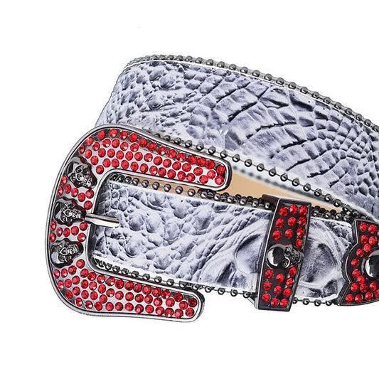 Rhinestone Red Belt With Grey Textured Strap and Skull Buckles