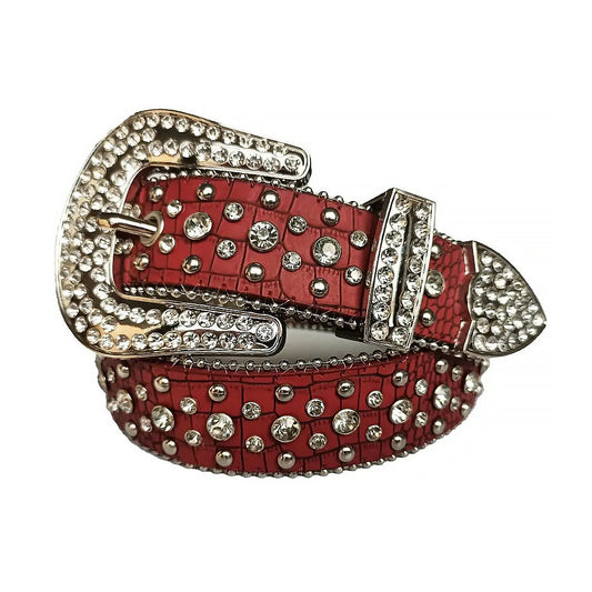 Rhinestone Diamond And Silver Studs Belt With Red Texture Strap