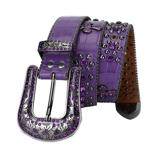 Rhinestone Purple And Silver Studs Belt With Purple Textured Strap