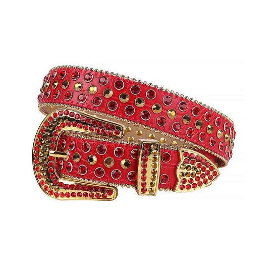Rhinestone Red Strap With Red & Gold Studded Belt