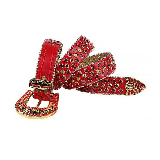 Rhinestone Red Strap With Red & Gold Studded Belt