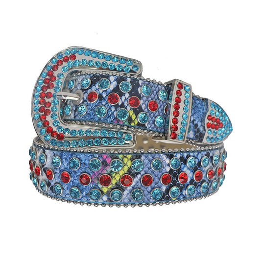 Rhinestone Red and Blue Belt With Snake Texture Strap