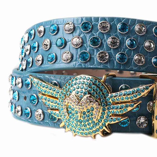 Rhinestone Blue Angel Wings Buckle Belt with Blue Strap With Silver Studded diamonds