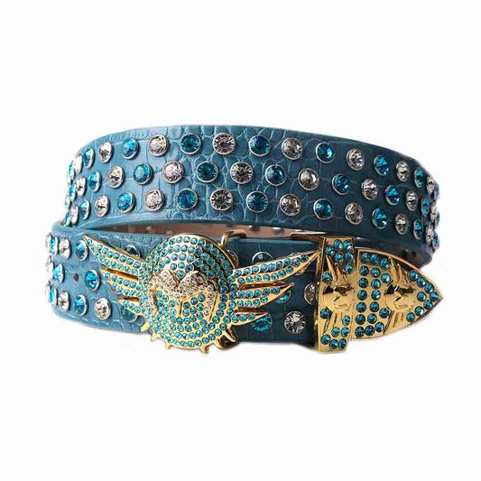 Rhinestone Blue Angel Wings Buckle Belt with Blue Strap With Silver Studded diamonds