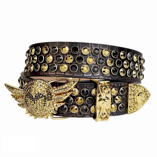 Rhinestone Black and Golden Angel Wings Buckle Belt with Black Strap