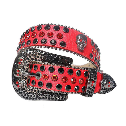 Rhinestone Black and Red Belt With Red Strap and Skull Buckles
